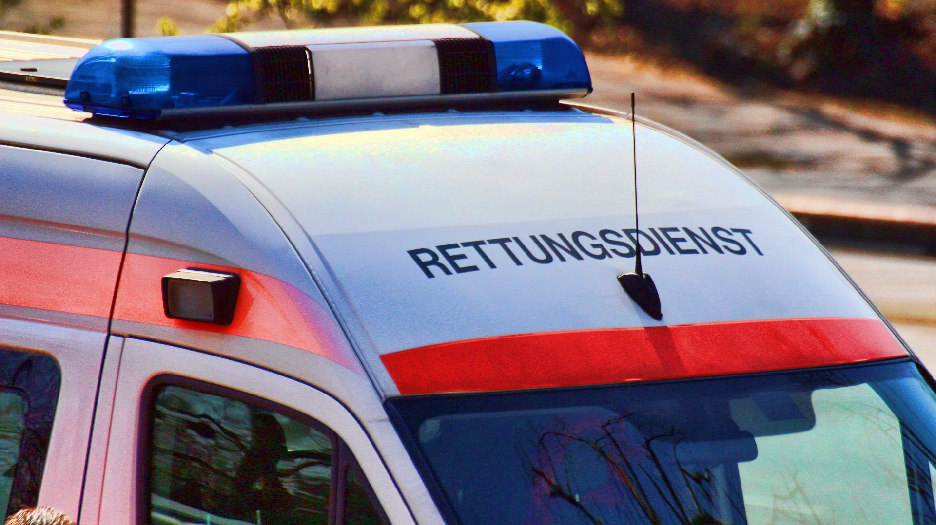 Detailaufnahme eines Blaulichts und der Aufschrift "Rettungsdienst" auf einem Rettungswagen